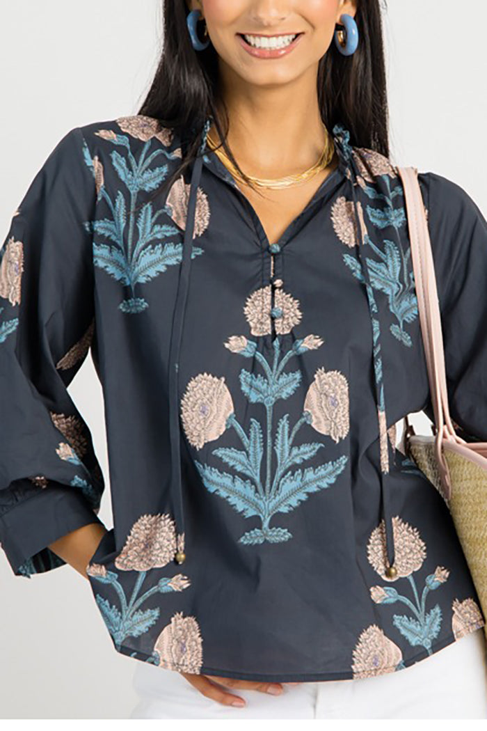 Floral Ruffle Collar Balloon Sleeves Top