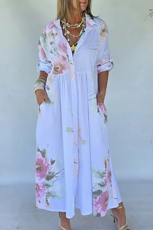 Floral Print Pocket Shirt Maxi Dress
