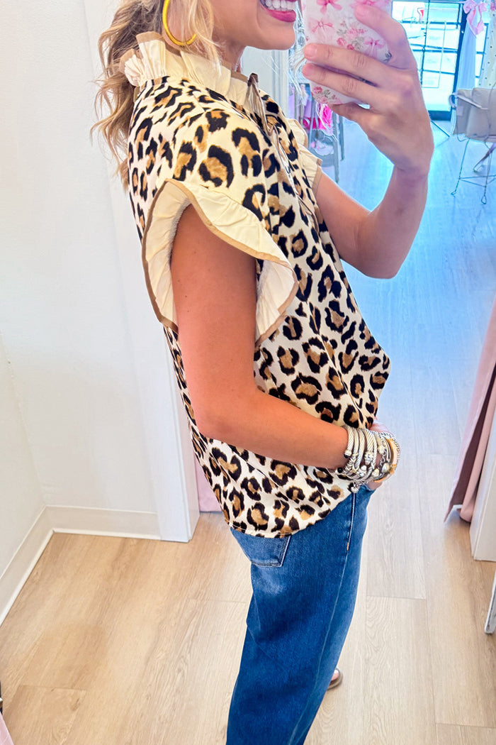 Short Sleeve Leopard Ruffle Detail Top