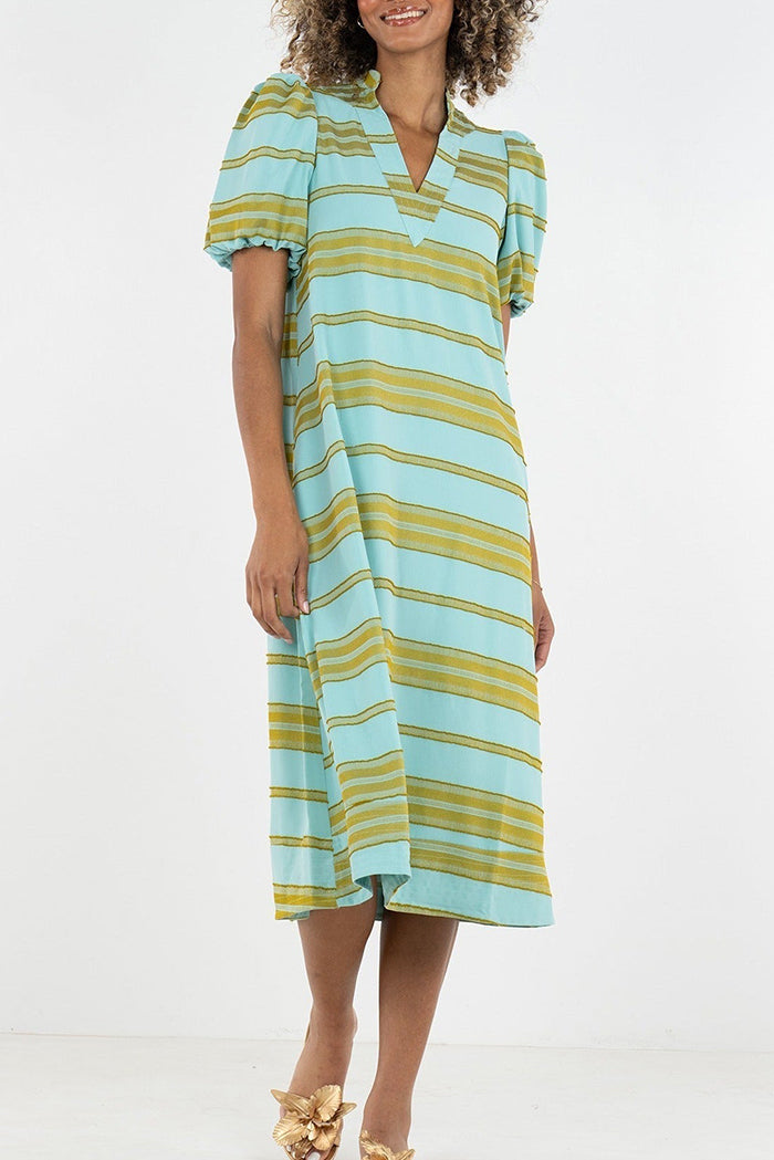 Puff Sleeve Stripe Pocket Dress