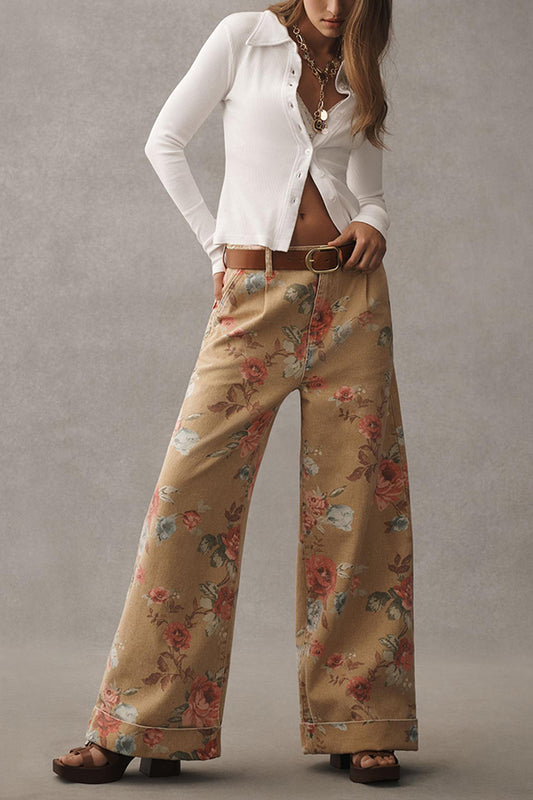 Floral Wide-Leg Cuffed Jeans