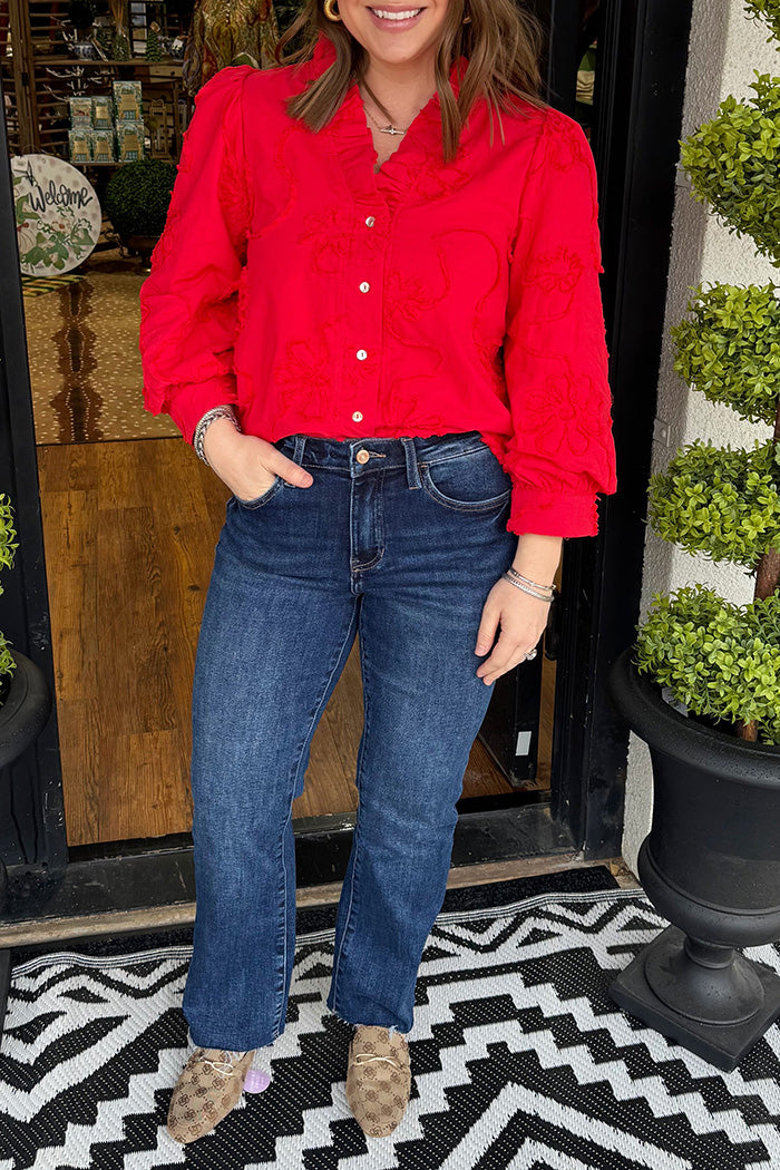 Ruffled Collar Button Front Top