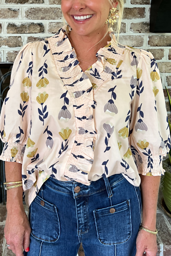 Casual Ruffles Hem Floral Top