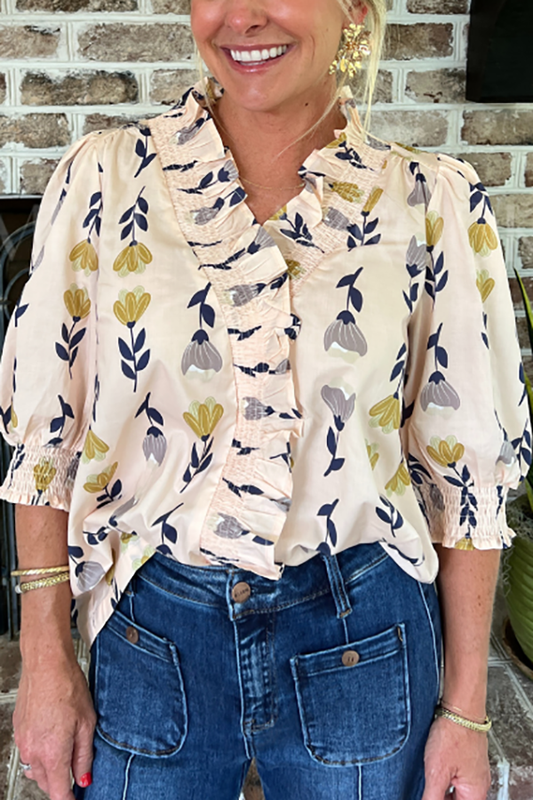 Casual Ruffles Hem Floral Top