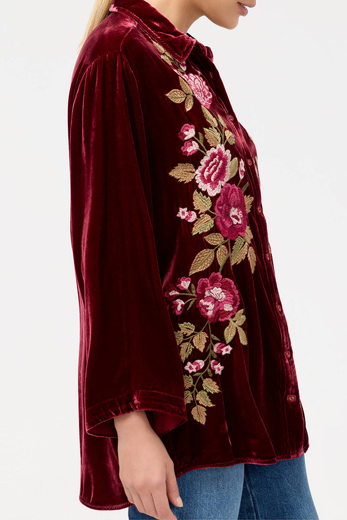 Velvet Rose Embroidery Button Top
