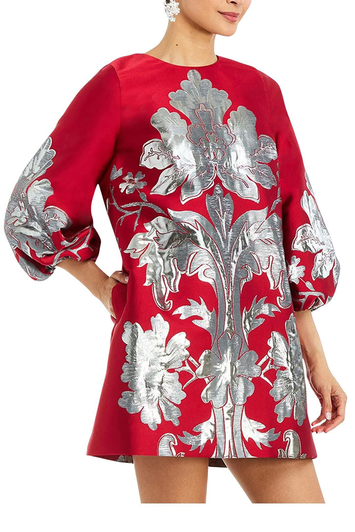 Metallic Floral Puff-Sleeve Mini Dress