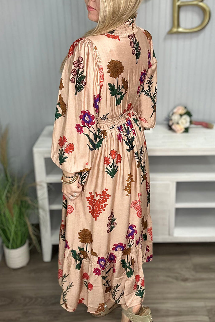 Floral Elastic Waist V Neck Long Dress