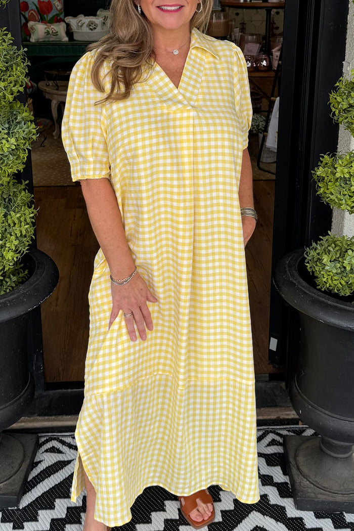 Collared Short Sleeve Gingham Pocket Side Slit Dress