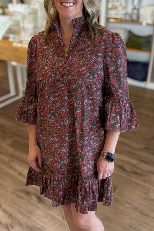 Floral Ruffled Bell-Sleeve Dress