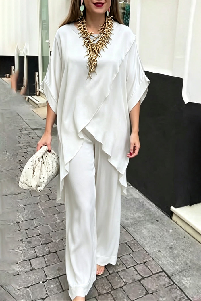 Casual Wavy Hem Top Lace Hem Pants Set
