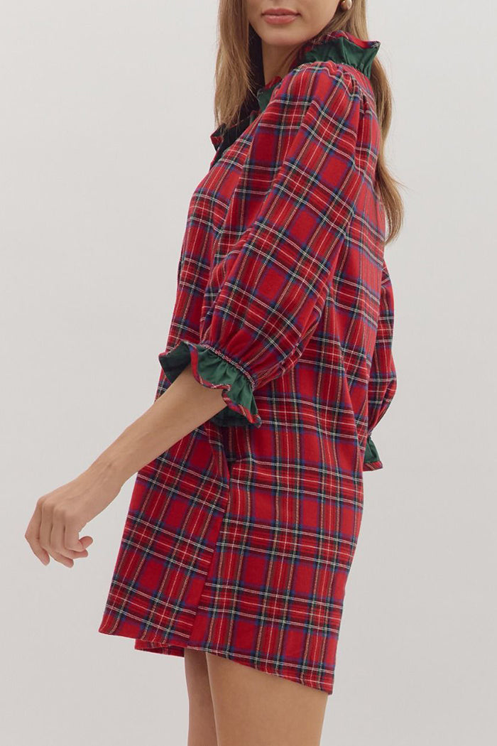 Holiday Ruffled-Neck Pocketed Button-Front Plaid Mini Dress