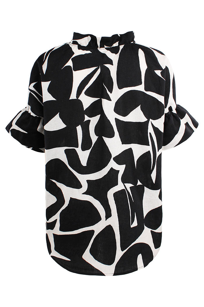 Puzzle Print Ruffle Collar Top