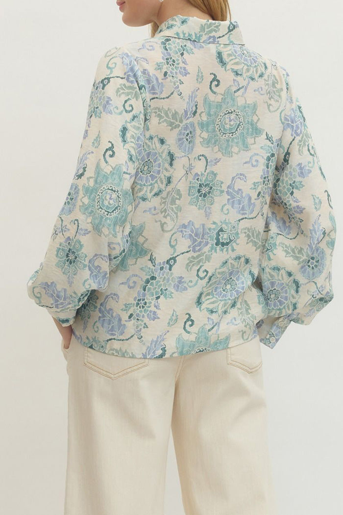 Blue Green Floral Button Down Top
