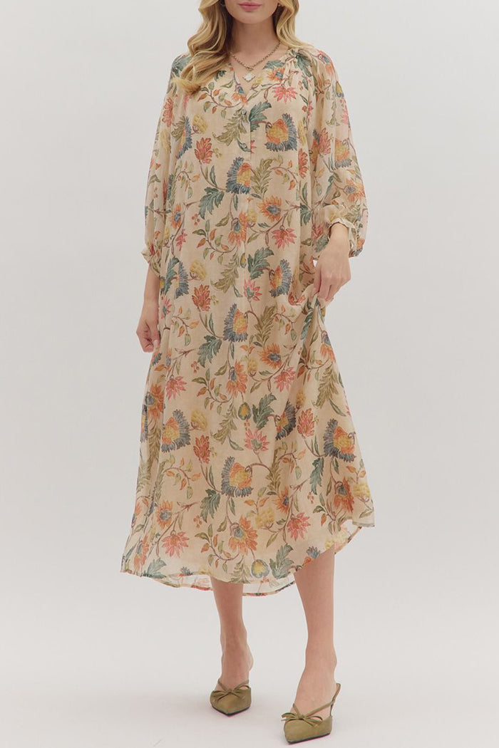 Lively Botanical Print Midi Dress
