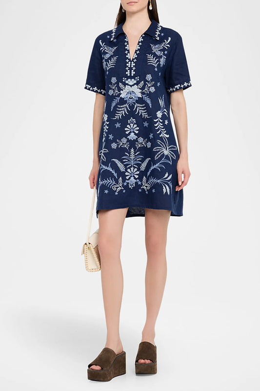 Pocketed Floral  Embroidered Shirt Dress
