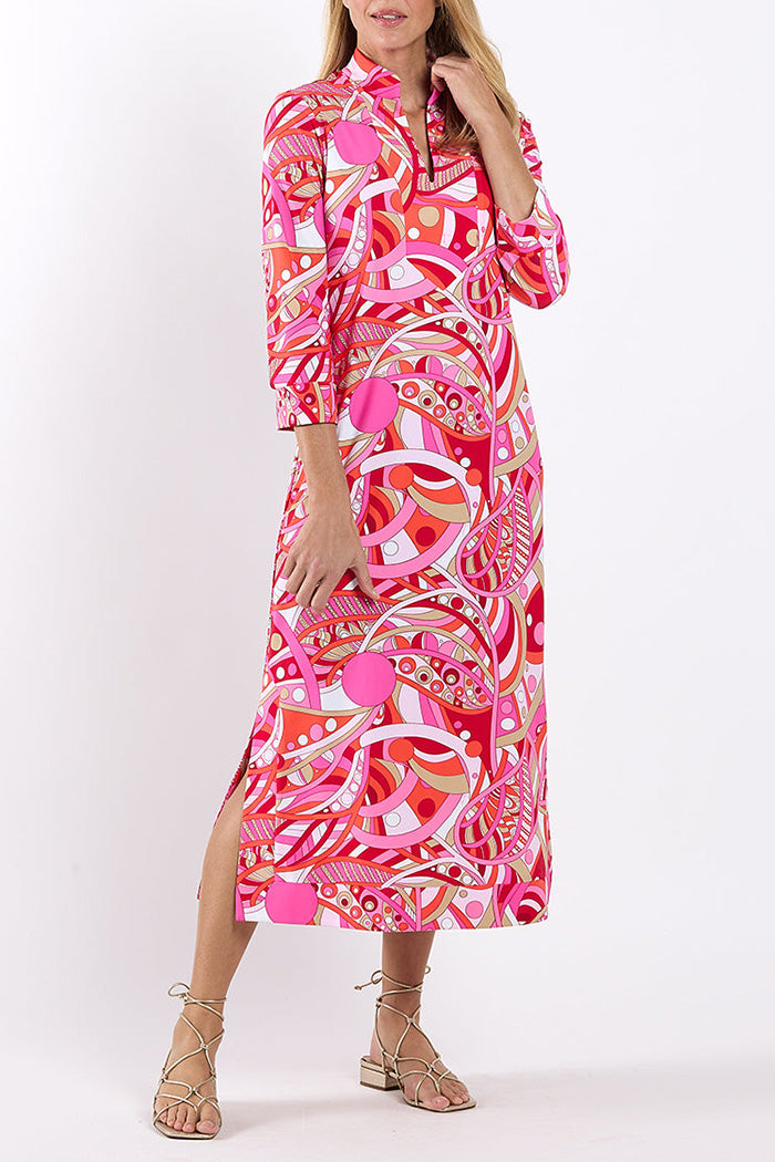 3/4 Sleeve Pink Abstract Midi Dress