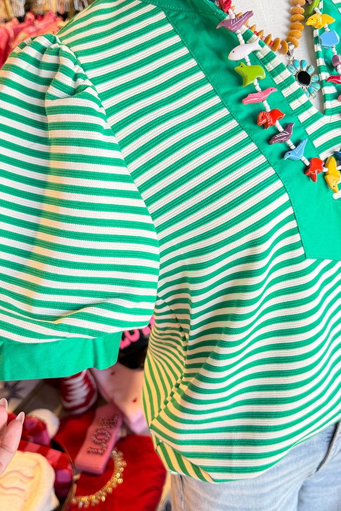 Striped Puff Sleeve Contrast Top