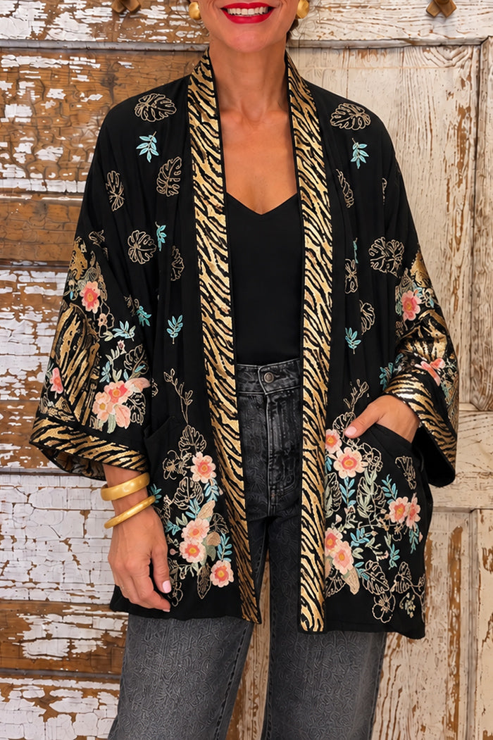 Tiger Floral Print Pocket Kimono