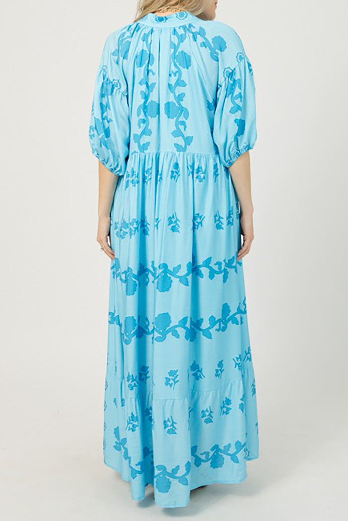 Ruffled Hem Puff Sleeve Maxi Dress