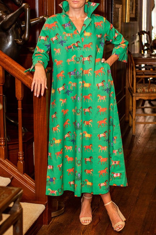 Vibrant Equine-Print Shirt Collar Pocket Dress
