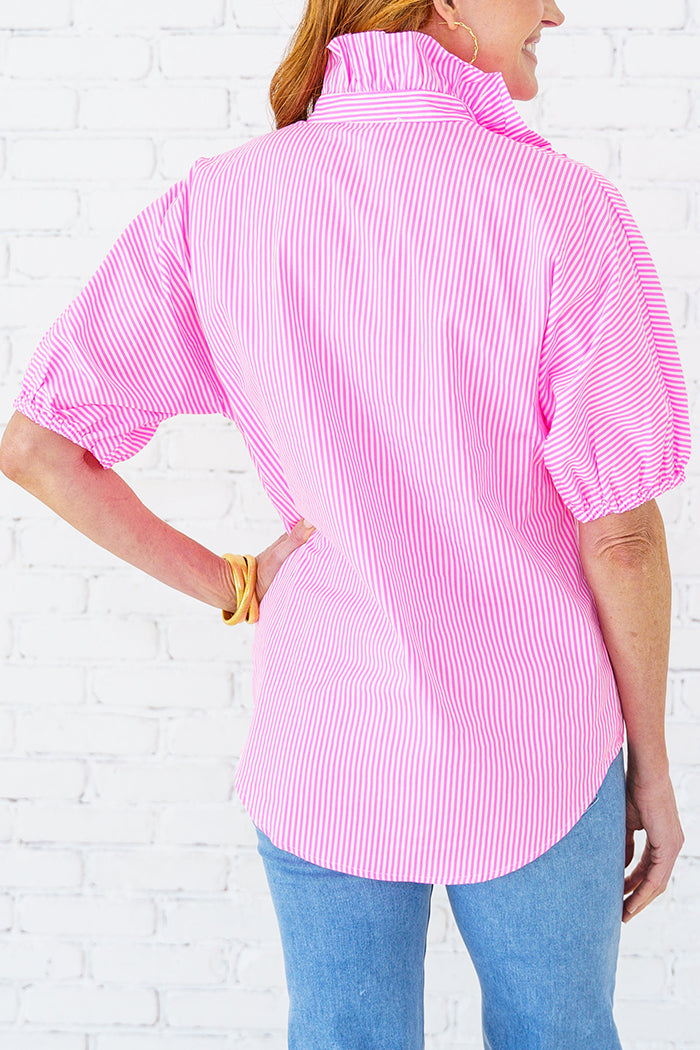 Ruffle Placket Puff Sleeve Stripe Top