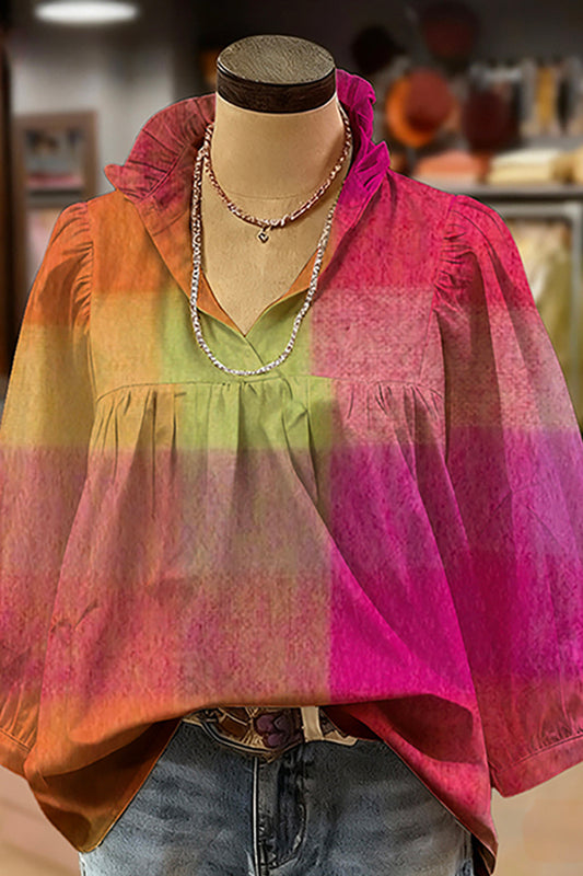 Multi Print Ruffled V-Neck Puff-Sleeve Blouse