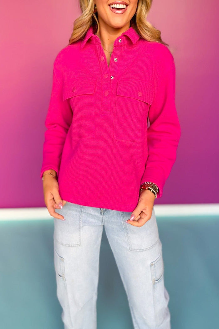 Waffle Knit Pocket Shacket Top