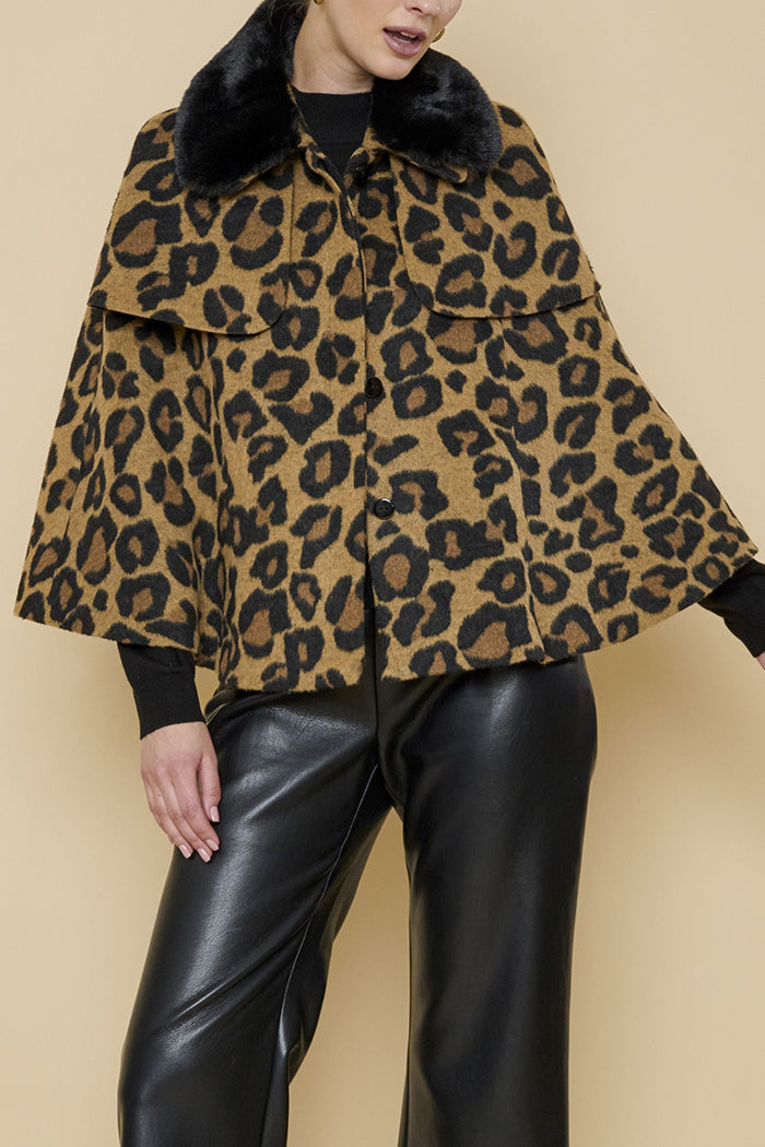 Faux Fur Collar Animal Print Cape