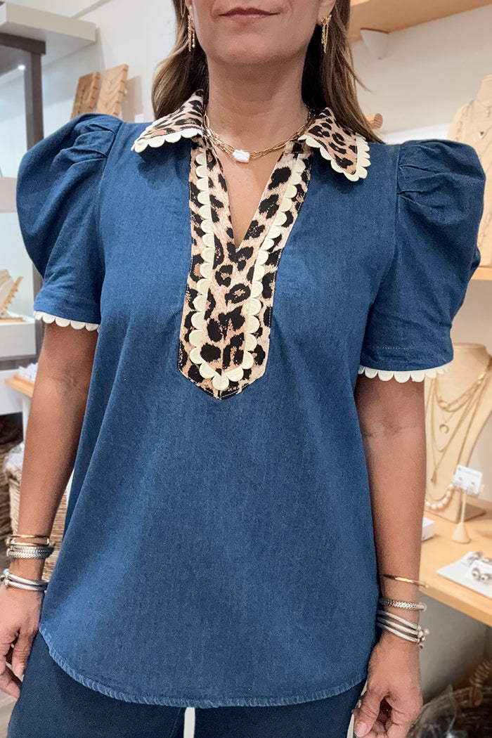 Denim Leopard Scalloped Trim Puff Sleeve Top