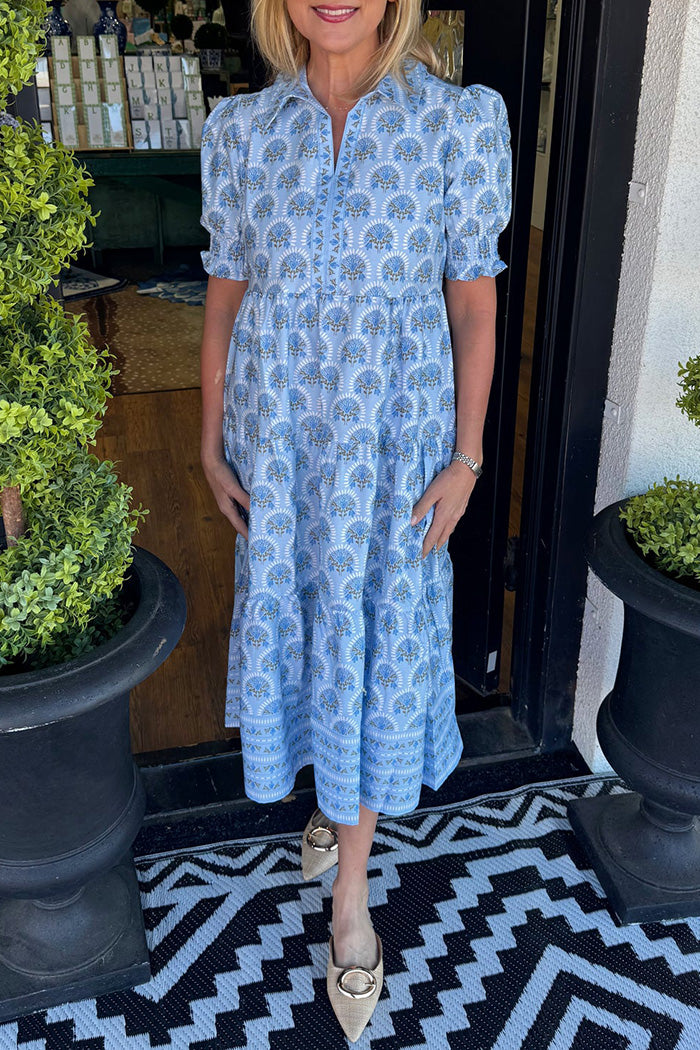 Blue Floral Tiered Pocketed Dress