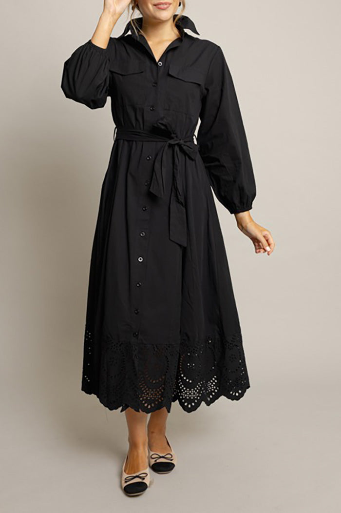 Black Eyelet Hem Pocketed Maxi Dress
