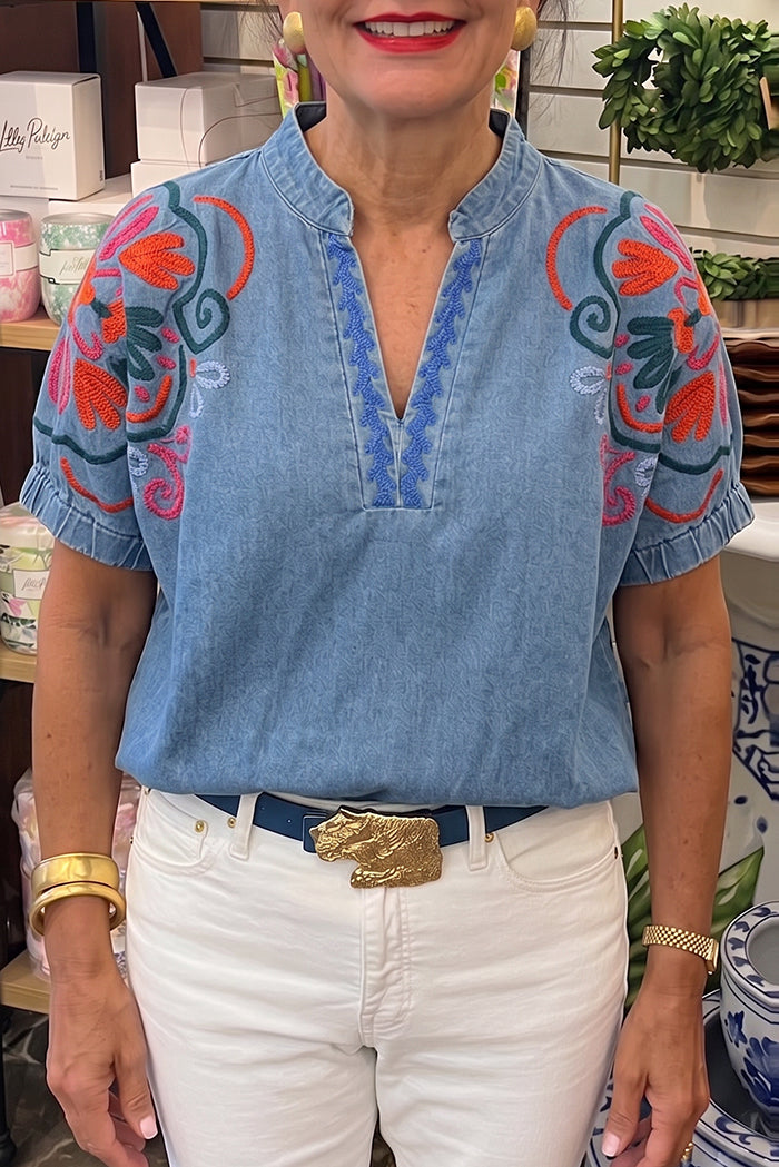 Floral Denim Puff Sleeve Top