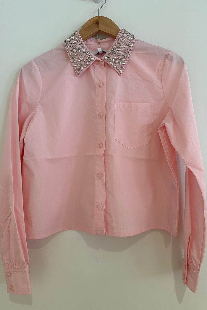 Pink Jeweled Collar Pocket Top
