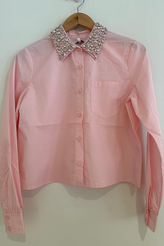 Pink Jeweled Collar Pocket Top