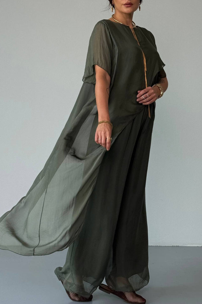 Flowy Asymmetric Cape Sleeve Wide Leg Pants Set