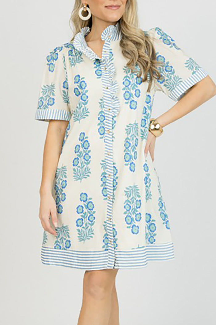 Pocketed Floral Stripe Trim Dress