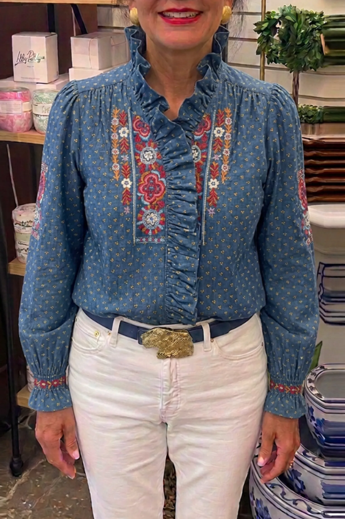 Casual Floral Embroidered Ruffle Top
