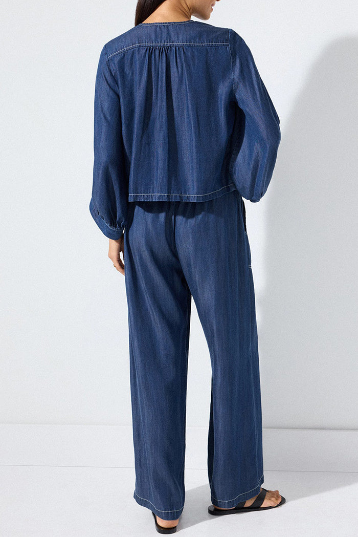 Tie Front Balloon Sleeve Wide Leg Denim Set