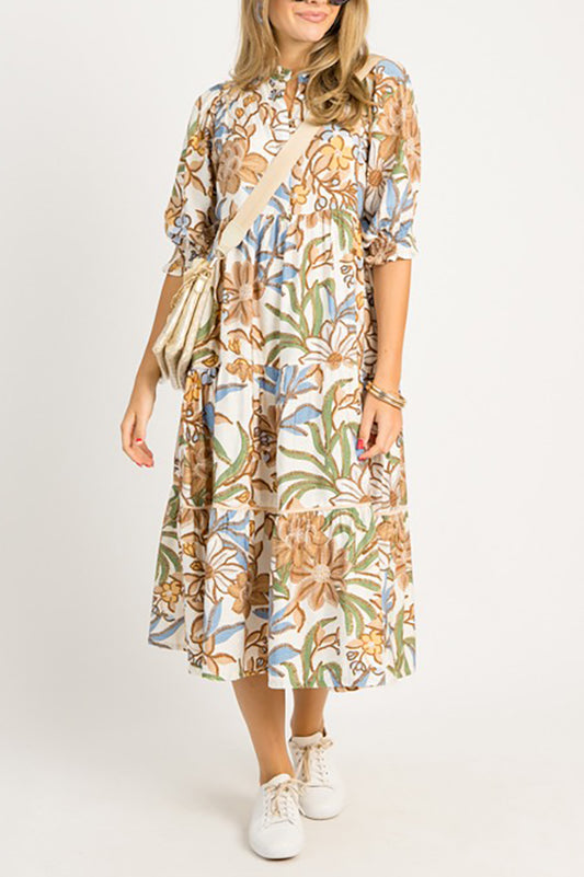 Floral Smocked Sleeve Pockets Dress