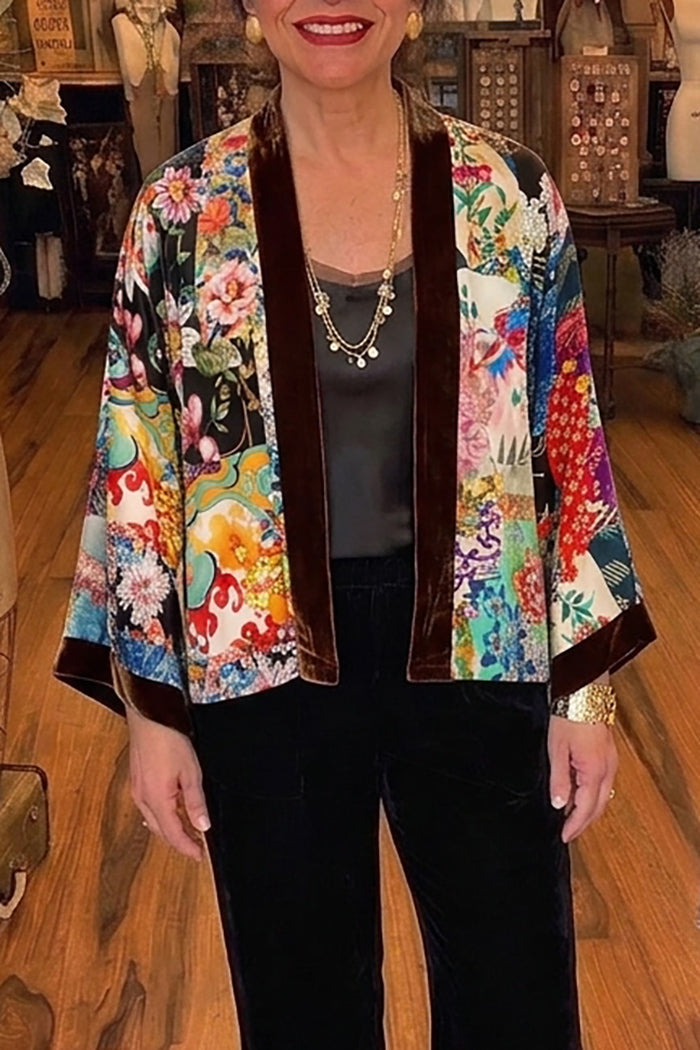 Multicolor Floral Reversible Velvet Kimono