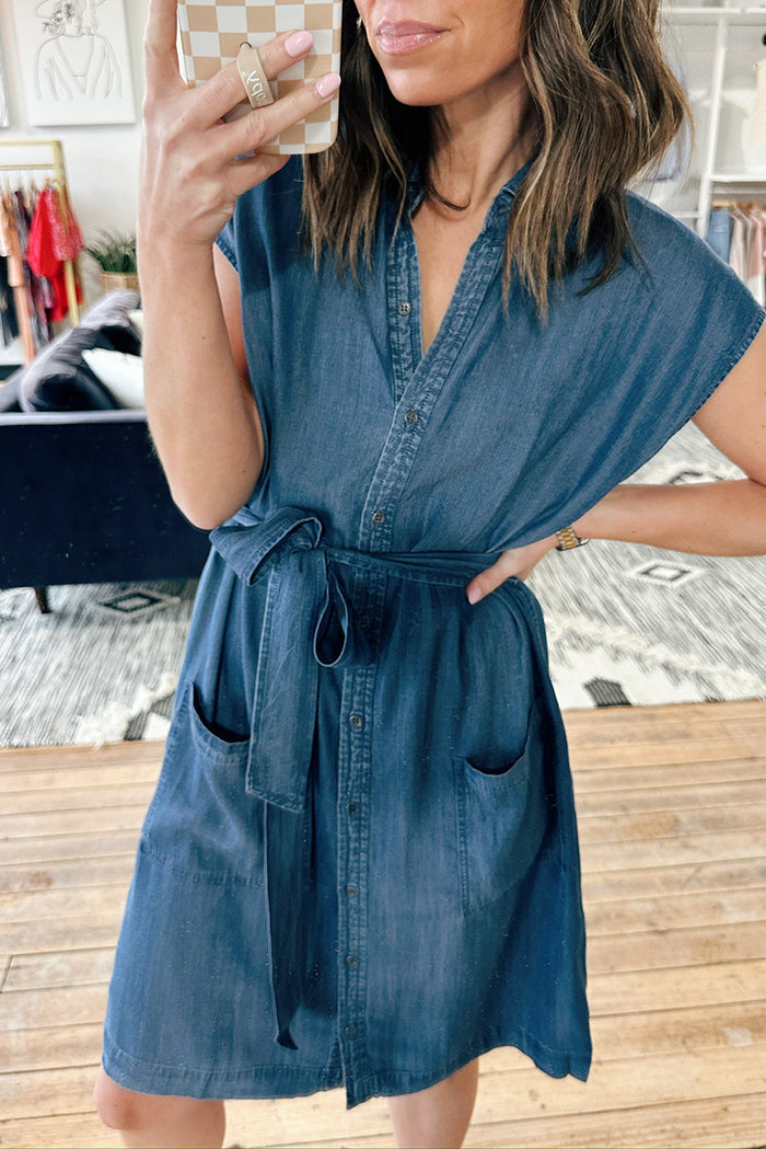 Denim Tie Waist Pocket Mini Dress
