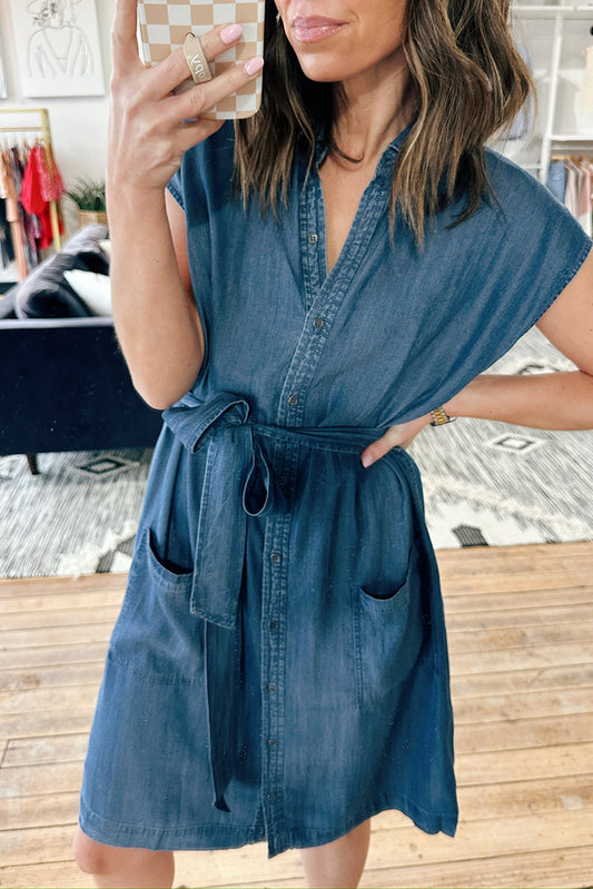 Denim Tie Waist Pocket Mini Dress