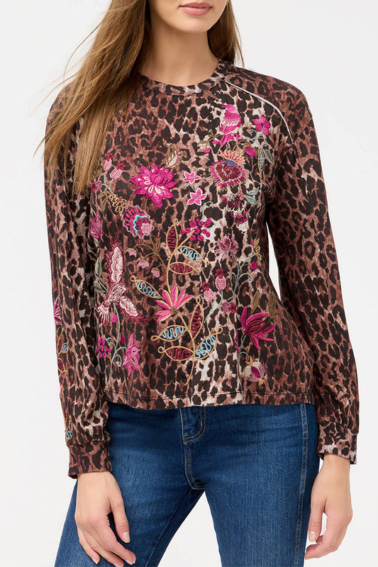 Leopard Print Floral Embroidered Top