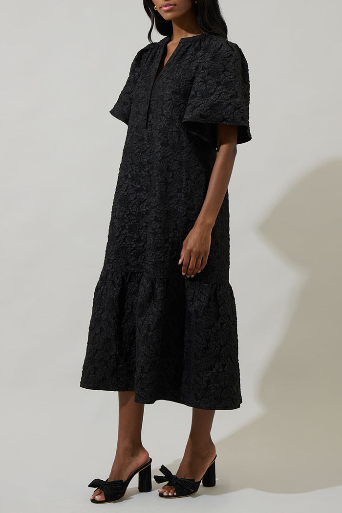 V-Neck Puff-Sleeve Midi Dress