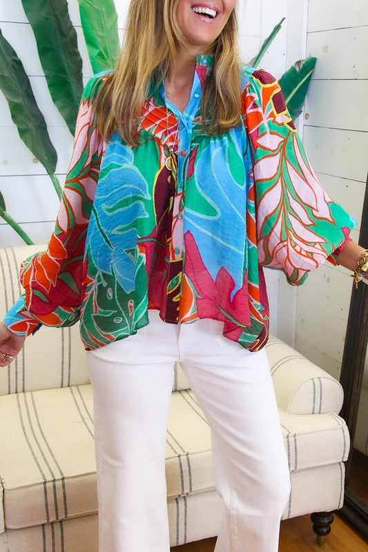 Leaf Printed Bubble Sleeve Top