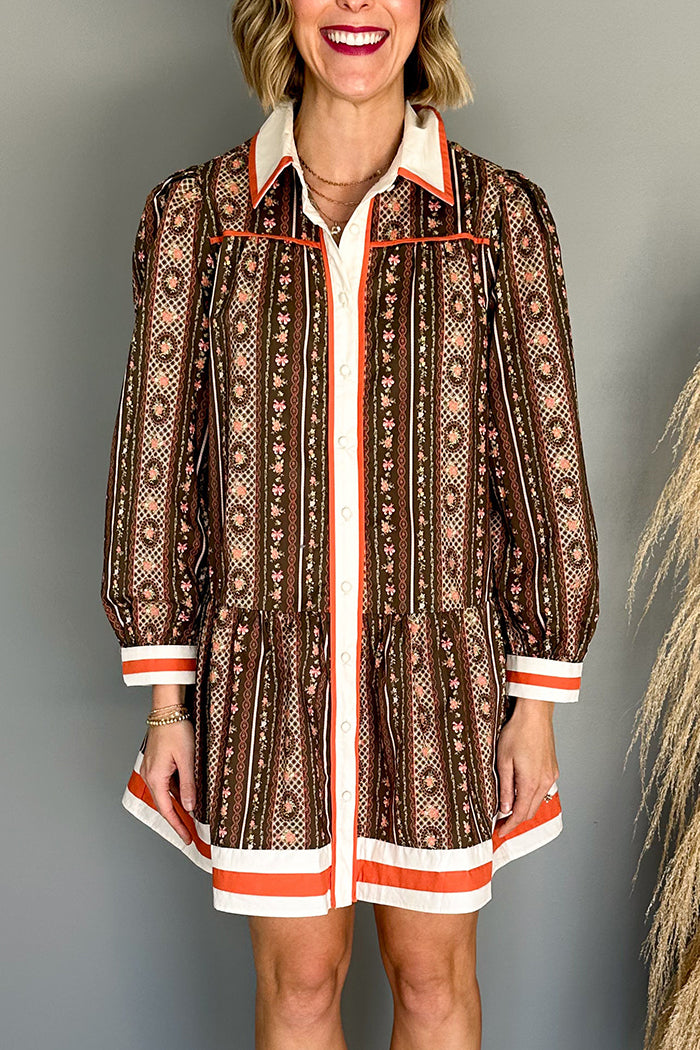 Bohemian Striped Pattern Shirt Collar Mini Dress