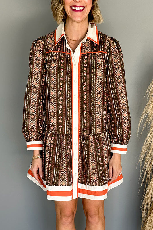 Bohemian Striped Pattern Shirt Collar Mini Dress