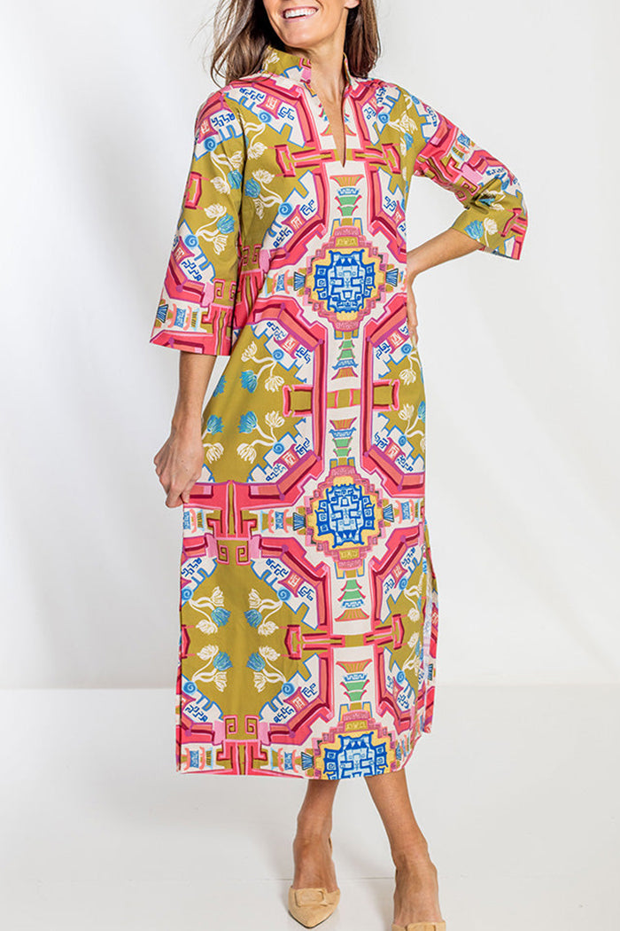 Multicolor Print 3/4 Sleeve Side Slit Maxi Dress