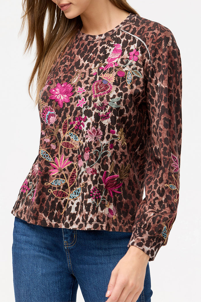 Leopard Print Floral Embroidered Top