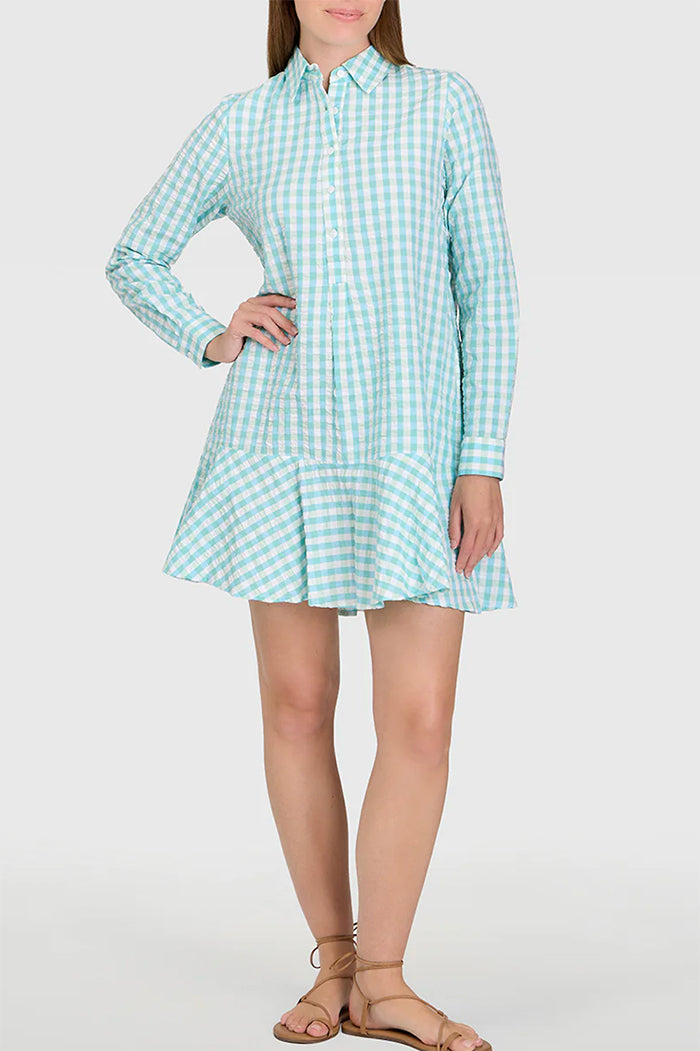 Mint Green Check Button Front Long Sleeve Dress